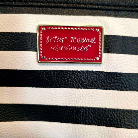 Betsey Johnson Striped Tote Bag With Red Handles And Tassel Charm Black & White - Picture 3 of 11